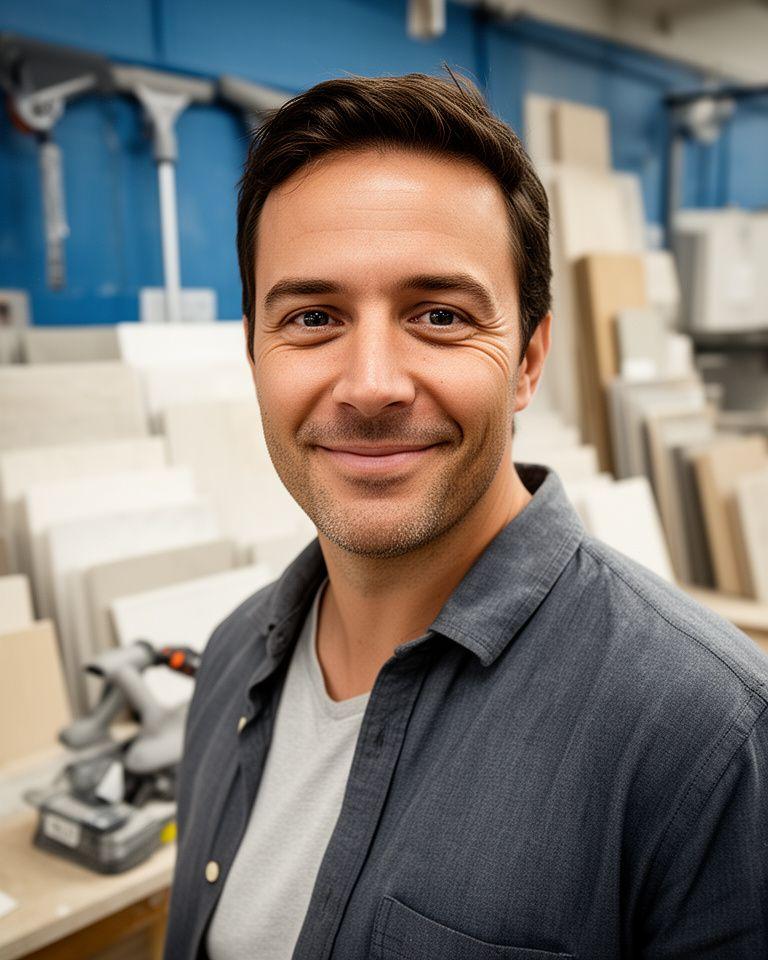 Founder portrait in a Brooklyn workshop surrounded by ceramic tile samples and cleaning tools