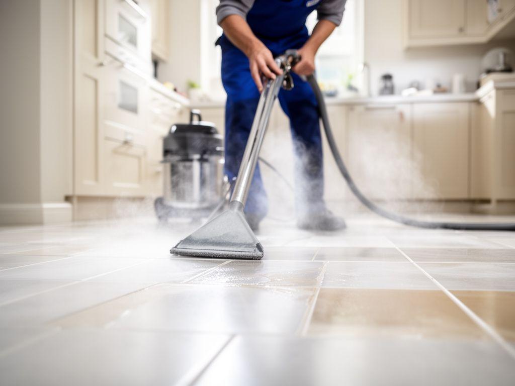 Technician restoring ceramic tile and grout in a bright New York kitchen with a steam cleaning machine