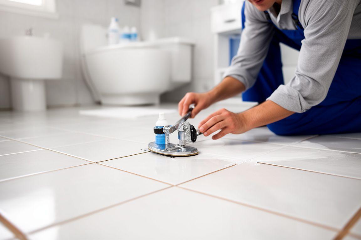 Technician sealing freshly cleaned ceramic tile in a bright Brooklyn bathroom
