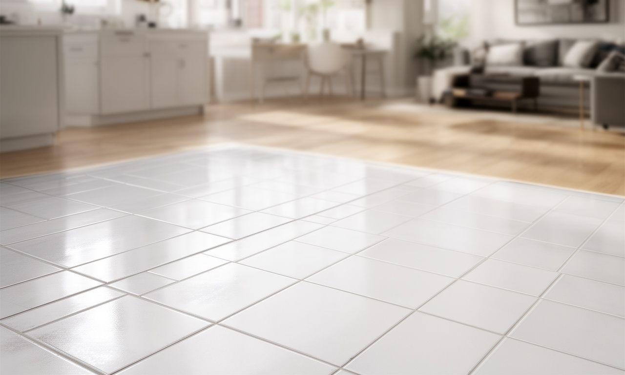 Before and after ceramic tile floor in a bright New York home, showing restored grout lines and a glossy finish