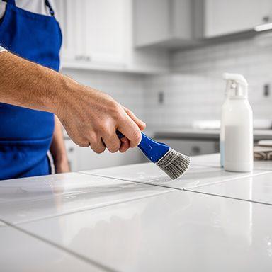 Sealant specialist applying protective coating to ceramic tile in a modern kitchen