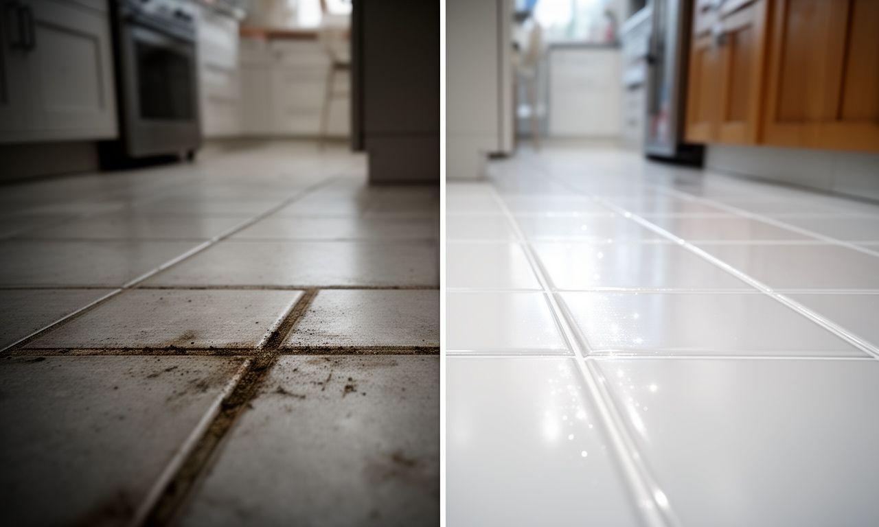 Split-view ceramic floor comparison in a modern kitchen, with dirty grout on one side and sparkling restored tile on the other