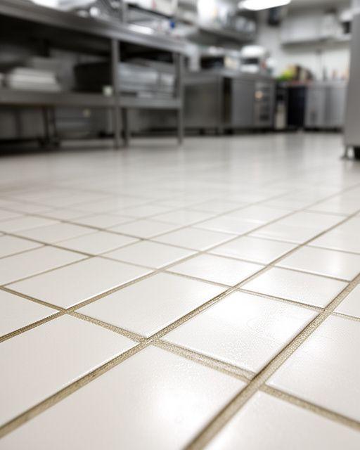 Commercial prep area tile with cleaner grout and bright surface after thorough cleaning