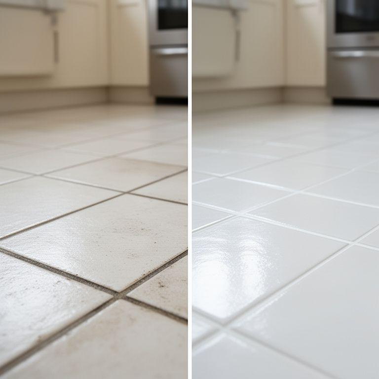 Before and after ceramic grout cleaning in a bright New York apartment kitchen